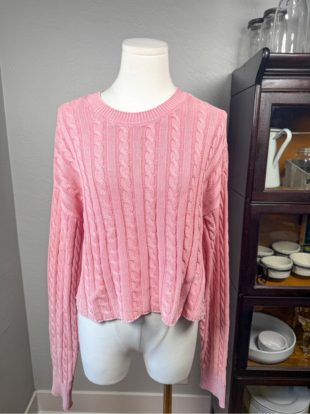 Aerie Cable Knit Cropped Crewneck Sweater Baby Pink Size L